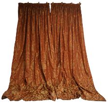 A PAIR OF RUSSET AND YELLOW DAMASK SILK CURTAINS (2)