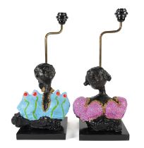 TWO PAINTED PLASTER FEMALE BUSTS CONVERTED INTO LAMPS (2)