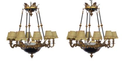 A PAIR OF GILT-METAL EMPIRE CHANDELIERS (2)