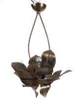 A POLISHED BRASS AND SILVERED LOTUS FLOWER HANGING LIGHT