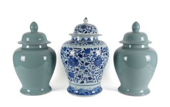 A PAIR OF CHINESE CELADON GLAZED GINGER JARS AND A BLUE AND WHITE EXAMPLE (3)