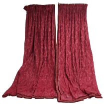 THREE PAIRS OF BURGUNDY DAMASK SILK CURTAINS AND TIE BACKS (12)