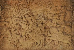AN AUSTRIAN RELIEF CARVED LIMEWOOD PANEL OF A BATTLE SCENE