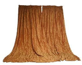 FOUR PAIRS OF YELLOW AND RUSSET SILK FLORAL PATTERN CURTAINS AND EIGHT TIE-BACKS (16)