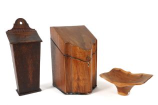A GEORGE III MAHOGANY LINE-INLAID KNIFE BOX AND AN OAK CANDLE BOX (3)
