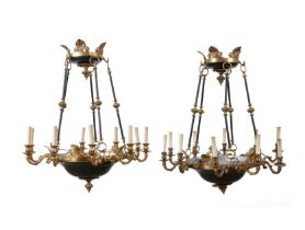 A PAIR OF EMPIRE STYLE GILT-METAL CHANDELIERS (2)