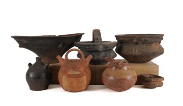 TWO PRE-COLUMBIAN POTTERY ZOOMORPHIC VESSELS WITH FIVE EARTHENWARE VESSELS (7)