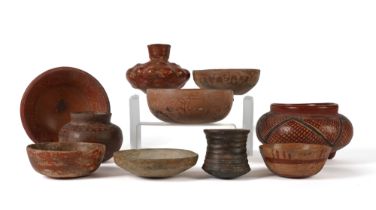 A PRE-COLUMBIAN COLIMA REDWARE SQUASH FORMED VESSEL AND OTHERS (10)