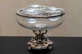 FABERGÉ; A SILVER PLATED AND GLASS TRIPLE CAVIAR PRESENTOIR