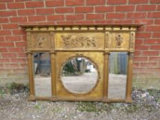 A 20th Century gold over mantle mirror with three panels depicting classical scenes over a central