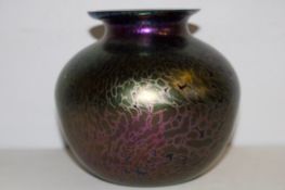 A Royal Brierley iridescent art glass vase, globular form with flared rim, exhibiting a mottled