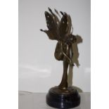 Large bronze sleeping winged fairy on marble base