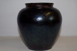 Single Royal Brierley iridescent art glass vase, bulbous form with mottled aurene-style finish,