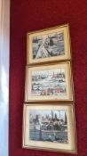 Set of three framed industrial cityscape prints