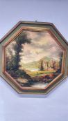 Octagonal oil on board lochside castle landscape, signed (indistinct)