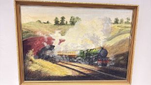 C. Hackington, Steam locomotive emerging from tunnel, oil on canvas, framed