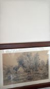 Framed rustic landscape drawing, signed indistinctly