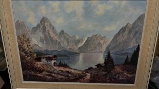 Signed Alpine lake landscape oil on canvas
