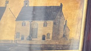 Framed sepia-toned architectural study of a chapel building