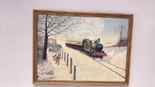 Framed watercolour of a steam train in a winter landscape