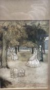 Framed figurative landscape etching, park scene with figures and tombstones