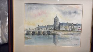 J C Deschamps, signed watercolour townscape with bridge