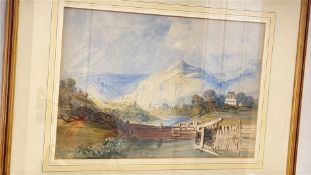 Framed Alpine river landscape watercolour