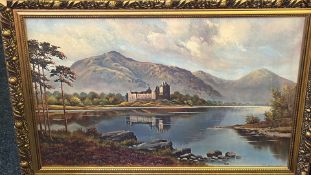 Framed Highland loch landscape with castle, signed (indistinct)