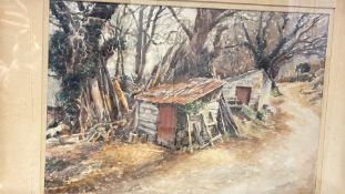 Framed watercolour of rural outbuildings, signed