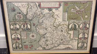 Framed hand-coloured map of Lancashire after an early 17th-century original