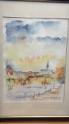 Framed signed watercolour village landscape