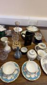 Group of assorted ceramics and glassware, including Harringtonâ€™s Toby jug and cut-glass decanter