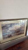 Framed signed watercolour of fishing boats in rough seas