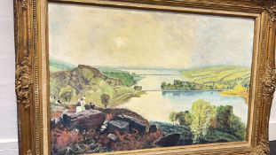 Framed landscape oil painting of lake and hills