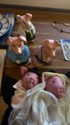 Group of pig-themed ceramics and dolls with Disney ephemera and boxed clown dolls