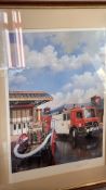 Malcolm Root, signed colour print of fire engines at a fire station (dated 1989)