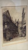 Signed etching of a European street scene, dated 1912