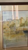 Framed harbour town watercolour