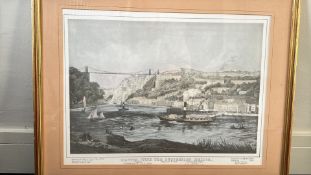 Framed hand-coloured print, Clifton (with the Suspension Bridge)