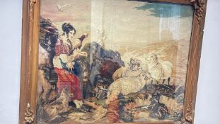Framed pastoral needlework tapestry picture