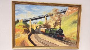 C. D. Cameron (signed), steam locomotive beneath bridge, oil on board
