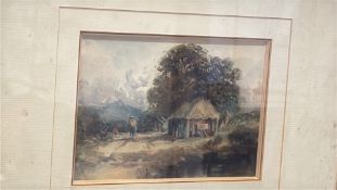 Framed landscape watercolour of a thatched cottage and figures