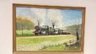 Framed oil painting of a GWR steam locomotive in landscape