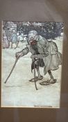 Framed signed print of an elderly figure with walking sticks