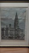 Framed Victorian hand-coloured engraving, The New Townhall of Bolton, Lancashire