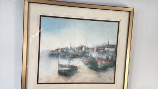 Framed harbour scene print, signed 