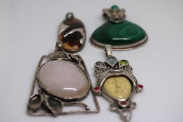 4 Silver & hardstone pendants
