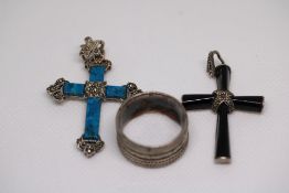 2x Silver cross pendants set with hard stone & si