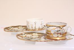 Set of Two Japanese Kutani-Style Porcelain Tea Cups and Saucers