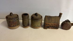 Set of Five Studio Pottery Items Including Jam Pot and Cottage Money Box